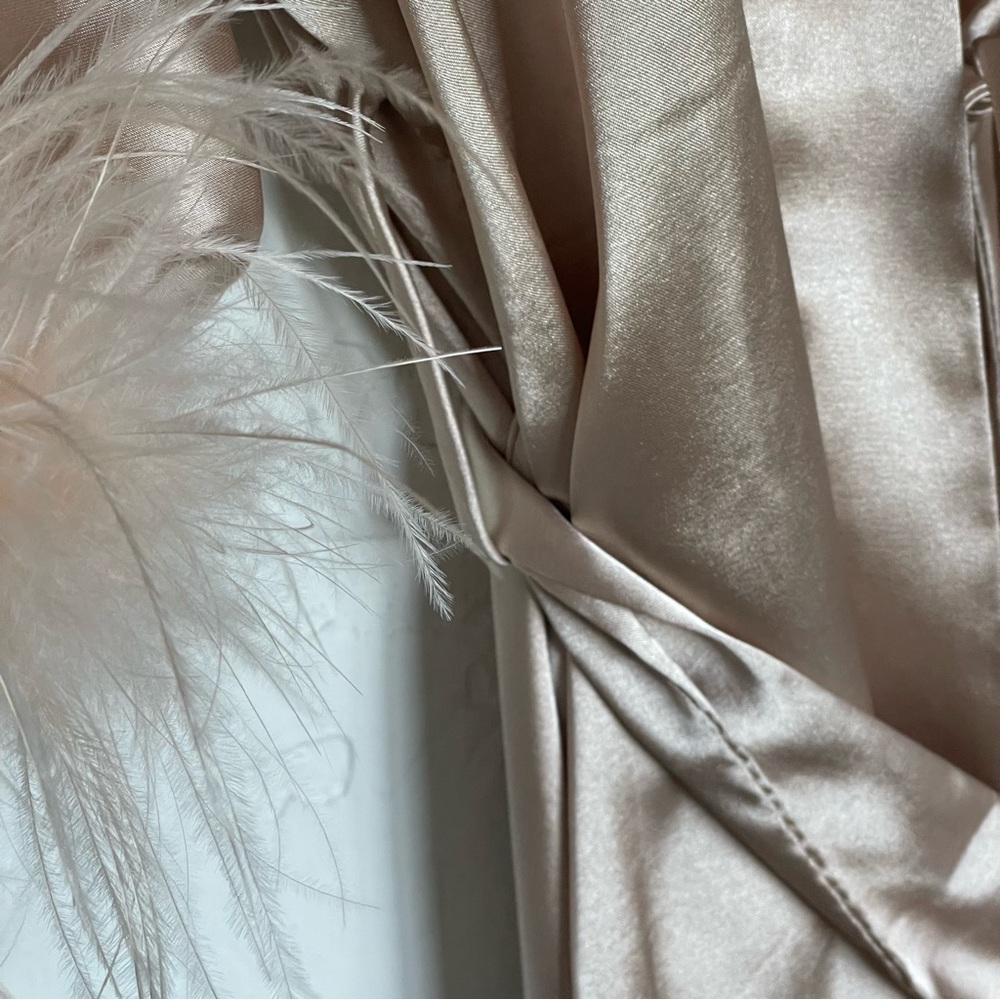 Satin Kimono Robe Long Bath Robe with Ostrich Feather Trim Robe - Picture 11 of 15